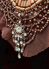 Brown Netted Lace Rhinestone Beaded Tie Back Necklace